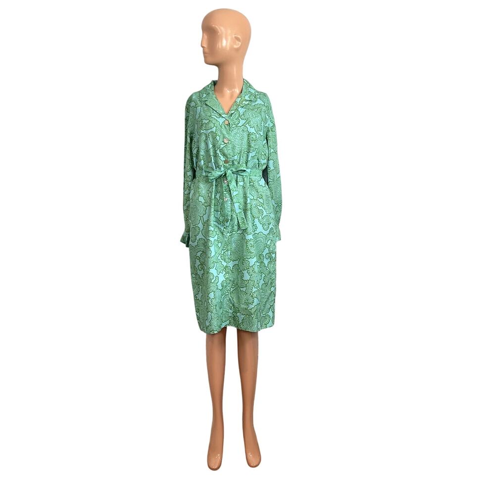 VTG 60s Kay Windsor Midi Dress Teal Paisley Retro Mod Secretary Union Made